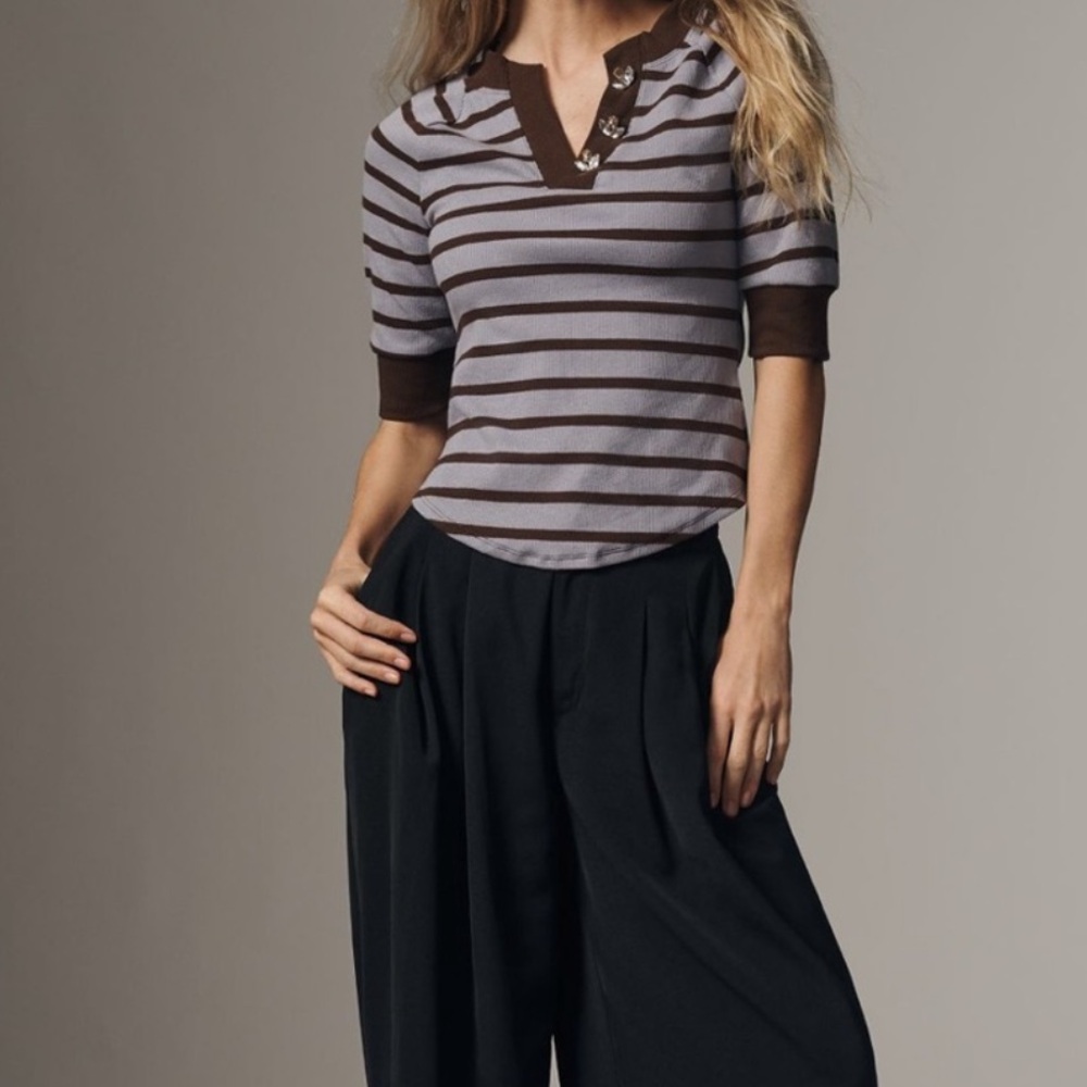 Anthropologie Maeve Half Sleeve Henley Ribbed Striped Jeweled Button Shirt Top